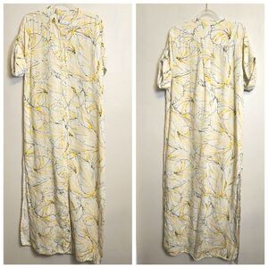 DVF +Onia Linen Yellow Floral Long Line Short Sleeve Button-up Dress Siz…